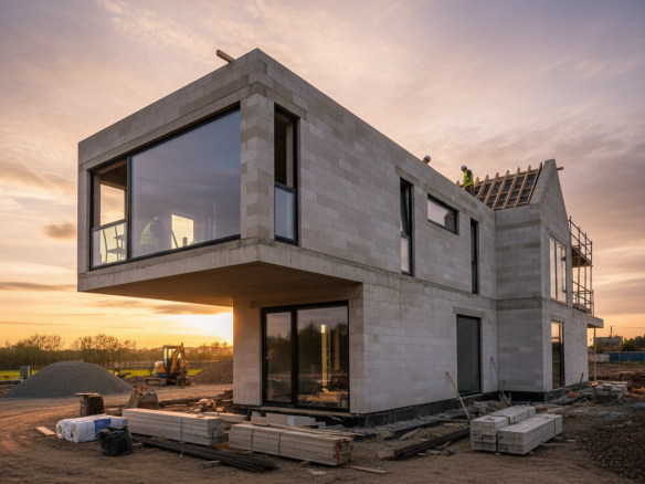 Casa personalizada moderna en construcción (enmarcado o estructura de bloques).