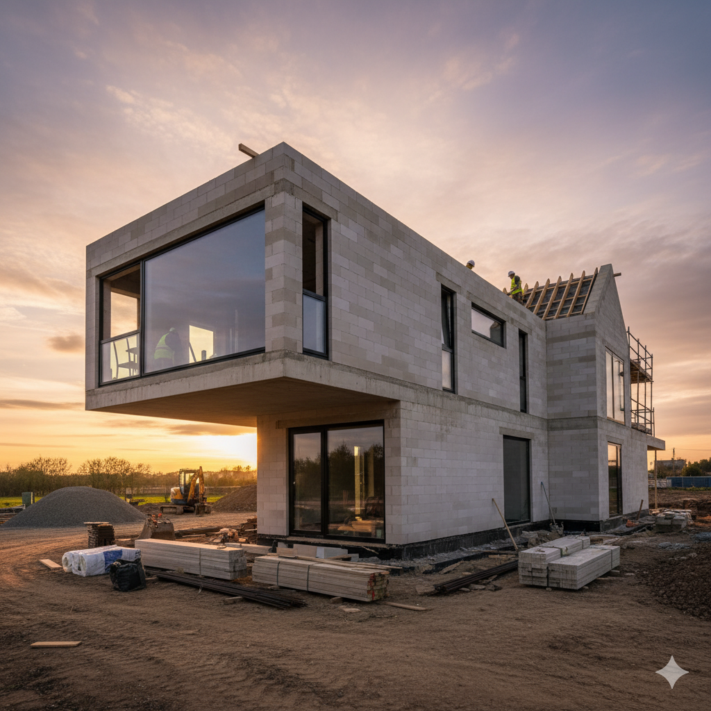 Casa personalizada moderna en construcción (enmarcado o estructura de bloques).
