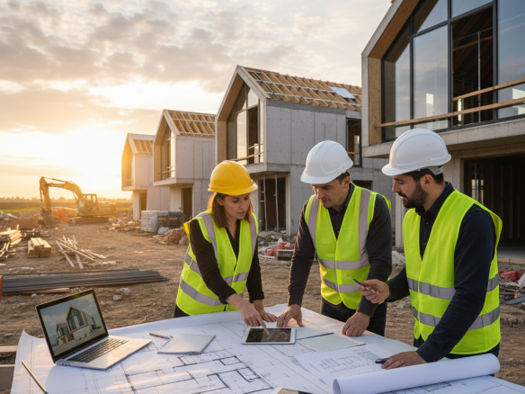 imagen de Ingenieros que revisan planos y documentos en una tabla de planificación de construccion de casas modernas